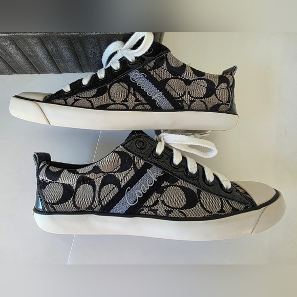 Coach Shoes - Coach Gibson Sneakers SZ 7B Signature Canvas Black White Lace Up Low Top Y2K
